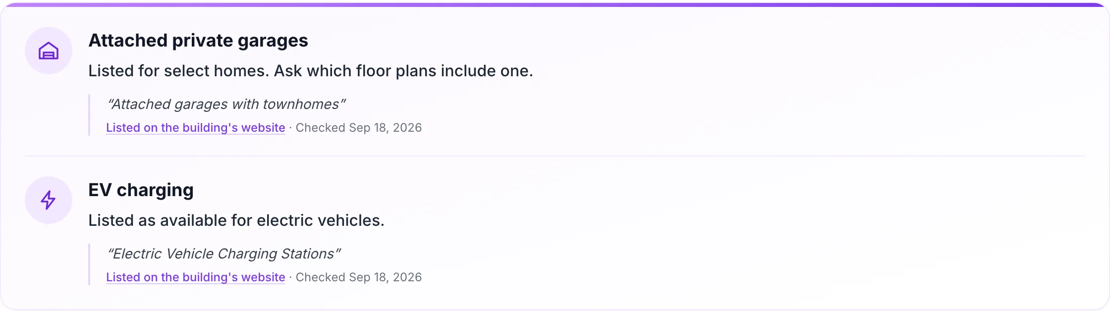 Garages and parking section of a building page: attached private garages listed for select homes and EV charging, each with a quote and a link to the source.